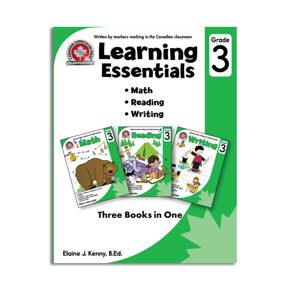 front cover grade 3 Learning Essentials, covering Math, Reading and Writing, three books in  one 