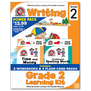 Grade 2 Learning Kits; 2 Workbooks, Math, Writing, 2 Flash Cards - Canadian Curriculum Press