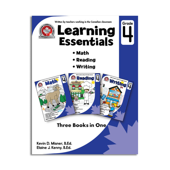 main front cover grade 4 Learning Essentials, 3 and 1 educational workbook, subjects math, reading and writing