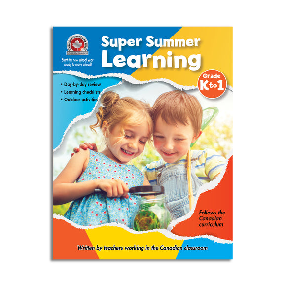 cover with two kids looking at magnifying glass, super summer learning grades kindergarten to grade 1 