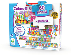 Two colorful cargo train puzzles: one teaching colors and one teaching shapes. Each Giant Puzzle features very bright and colorful illustrations that encourage parent-child discussion about the pictured objects. Each Giant Puzzle has 30 puzzle pieces (60 pieces total) and each puzzle measures 5-foot long (10-feet total)! Ages 3+ years.