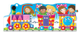 Two colorful cargo train puzzles: one teaching colors and one teaching shapes. Each Giant Puzzle features very bright and colorful illustrations that encourage parent-child discussion about the pictured objects. Each Giant Puzzle has 30 puzzle pieces (60 pieces total) and each puzzle measures 5-foot long (10-feet total)! Ages 3+ years.