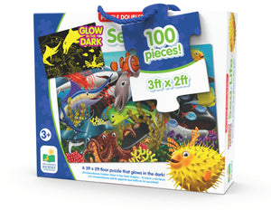 This Puzzle Double series takes the concept of a traditional puzzle to a whole new level! After putting together the 100 piece puzzle, turn off the lights and see a surprise as it glows in the dark. This Glow in the Dark puzzle provides a fun way to expand your child’s knowledge of ocean animals! Each Glow in the Dark puzzle has 100 puzzle pieces and measures at 3’ X 2’! Ages 3+ years.