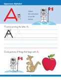 The Uppercase Alphabet workbook reinforces beginning alphabet skills in preparation for reading and writing. It guides children to recognize, trace, and print uppercase letters as well as to recognize letter sounds by naming illustrations and hearing silly sentences that may be read aloud by an adult. Canadian themes throughout say 'home' to Canadian kids!