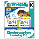 kindergarten learning kits, with two workbooks, 1 math, 1 writing, 2 flash cards, phonics and sight words 