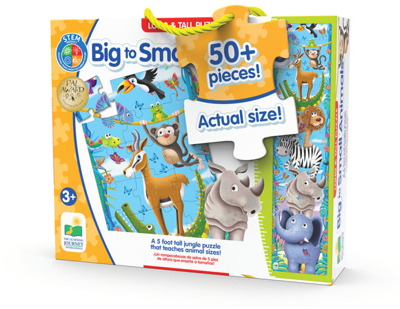 Kids will “swing” their way through learning about sizes with this fun Big to Small Animals puzzle. Measuring 5 feet tall, this colorful jungle scene features big to small colorful animals. With 51 pieces this jumbo puzzle will keep your little ones engaged for hours. Ages 3+ years.