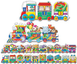 Two colorful cargo train puzzles: one teaching ABC's and one teaching Numbers. Each Giant Puzzle features very bright and colorful illustrations that encourage parent-child discussion about the pictured objects. Each Giant Puzzle has 30 puzzle pieces (60 pieces total) and each puzzle measures 5-foot long (10-feet total)! Ages 3+ years.