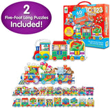 Two colorful cargo train puzzles: one teaching ABC's and one teaching Numbers. Each Giant Puzzle features very bright and colorful illustrations that encourage parent-child discussion about the pictured objects. Each Giant Puzzle has 30 puzzle pieces (60 pieces total) and each puzzle measures 5-foot long (10-feet total)! Ages 3+ years.