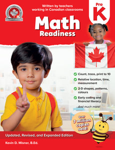 Junior kindergarten Math workbook designed to reinforce the curriculum taught in Canadian schools, these workbooks provide foundational practice in math, including number recognition, solving operations, patterning, shapes, and graphing. 