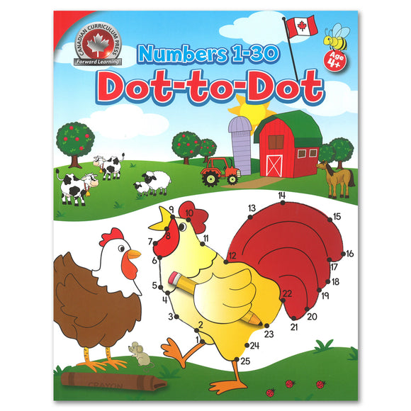 This Numbers 1-30 Dot-to-Dot activity book includes 64 colourful Canadian dot-to-dot puzzles. Children will enjoy practicing counting from 1 to 30 throughout the book, and will even get to colour in the illustrations when all of the dots are connected! This activity book is great for quiet time and complements Canadian Curriculum Press's educational workbooks.